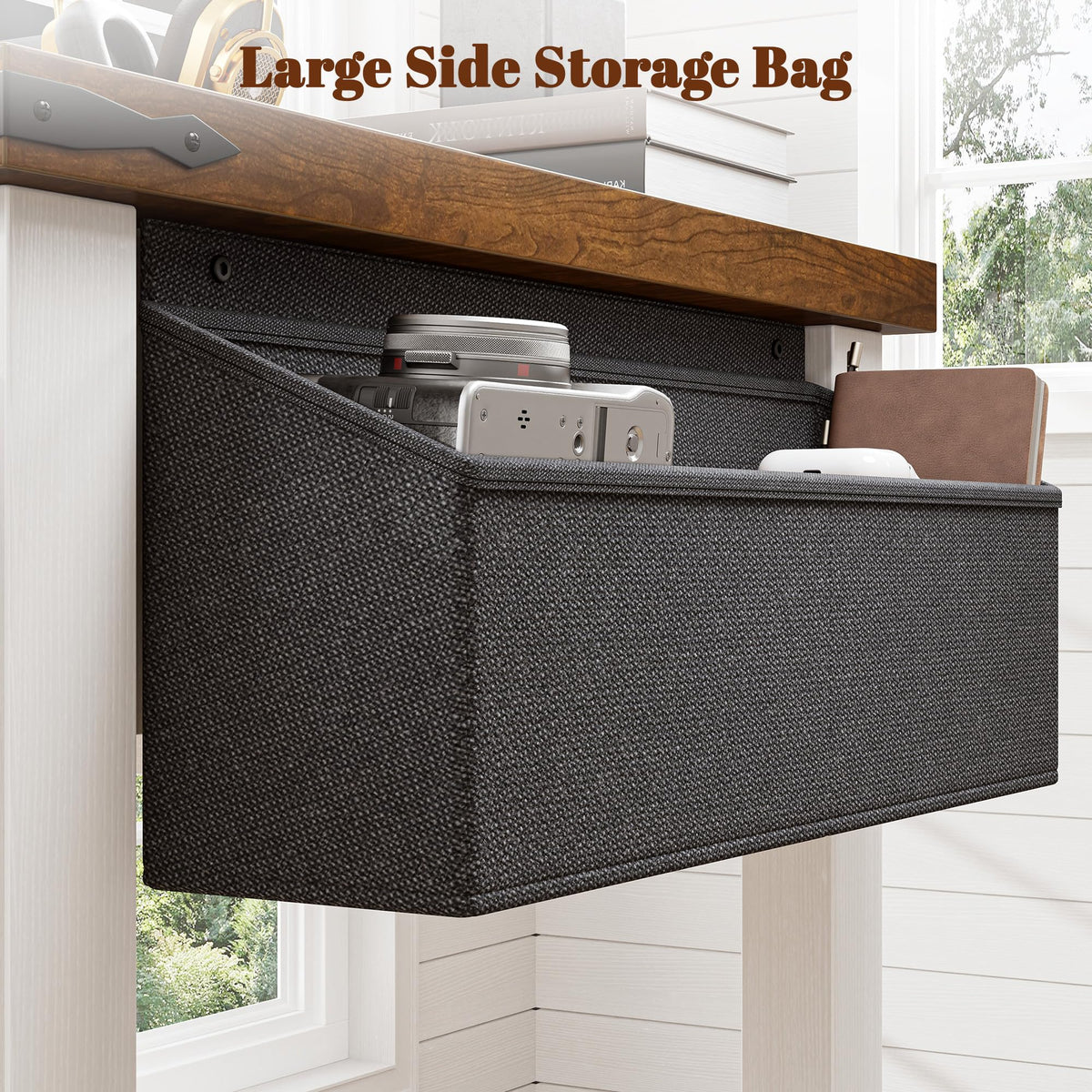 EnHomee 40" Small Desk for Bedroom, Computer Desk with Power Outlets for Home Office, Desks with Drawers and a Side Pocket, Brown+White