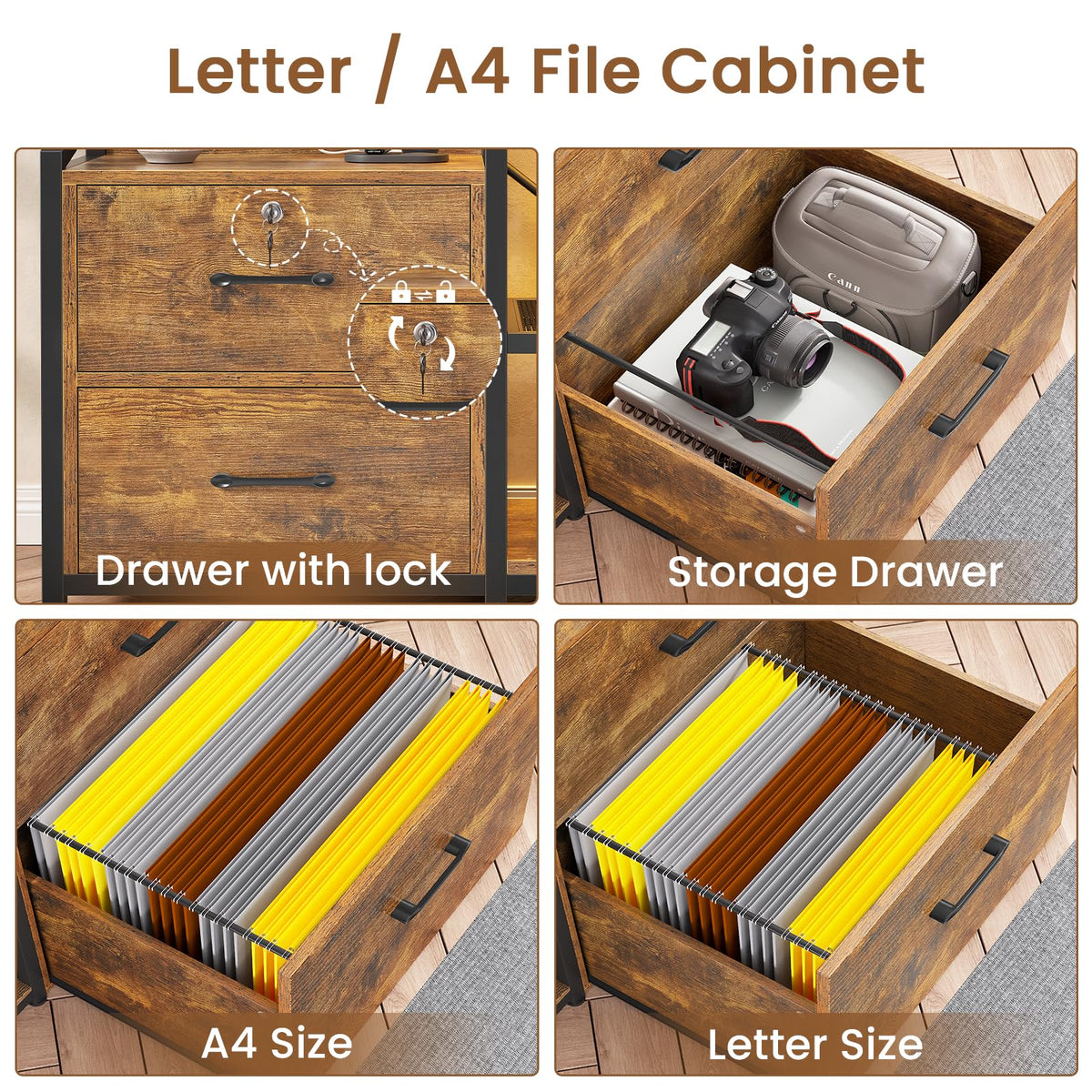 SEDETA 35.4” File Cabinet, Filing Cabinet fits Letter/A4 Size, 2 Drawe File Cabinets for Home Office with Power Strip, LED Lights, Lock, Open Shelf, Rustic Brown