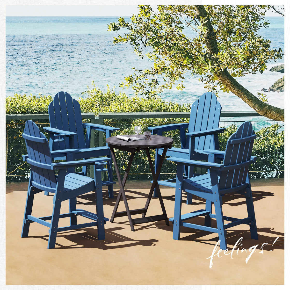 LUE BONA Tall Adirondack Chairs Set of 2, Recycled Poly Adirondack Chair Bar stools with Cup Holder, 25.6", 300Lbs, Eco-Friendly, Weather Resistant Lifeguard Chair for Balcony,Deck