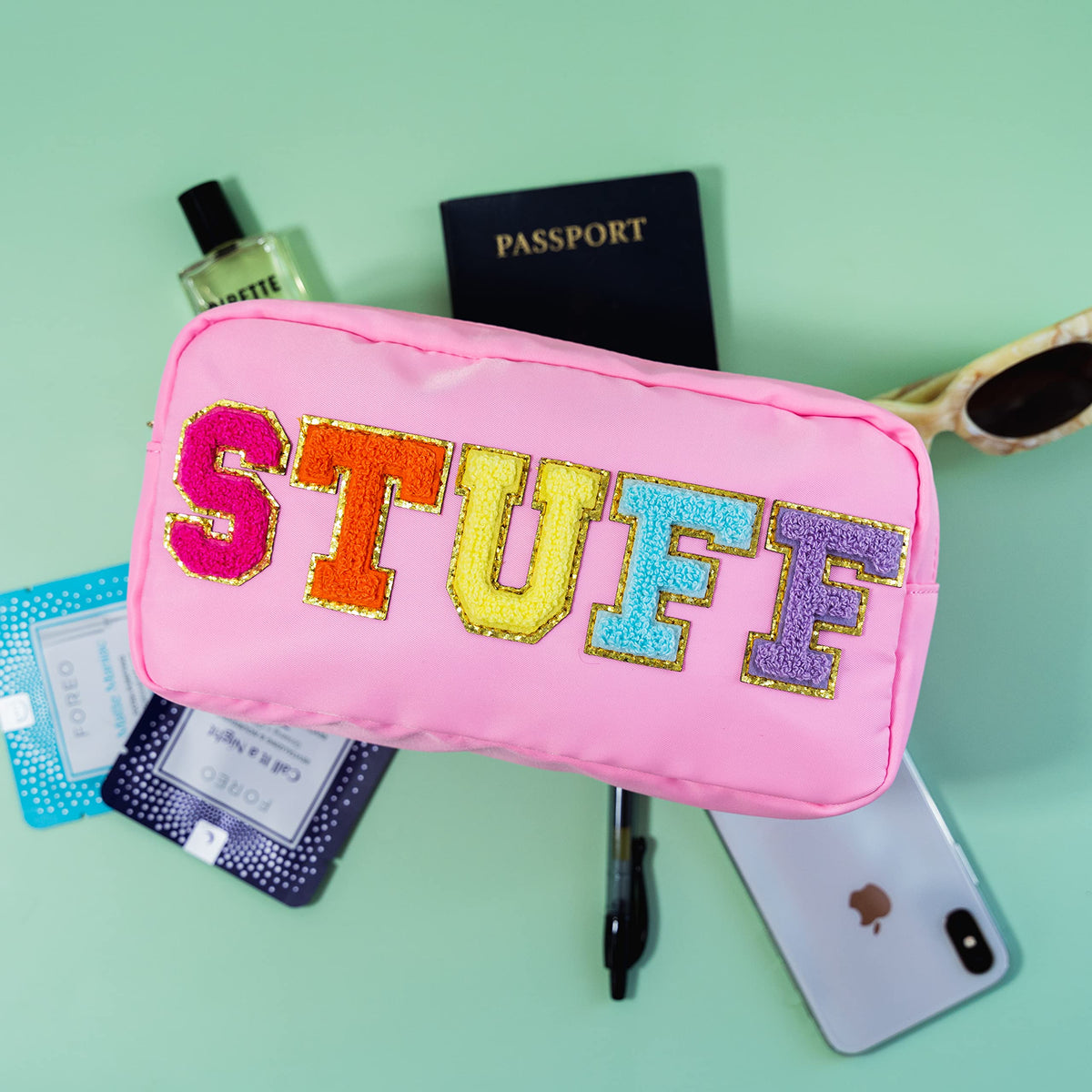 Fablinks Preppy Stuff Bag, Chenille Varsity Letter Makeup Pouch, Pink Nylon Skin Care Zipper Patch Bags Organizer for Women, Travel Make Up Skincare Cosmetic Stocking Stuffers