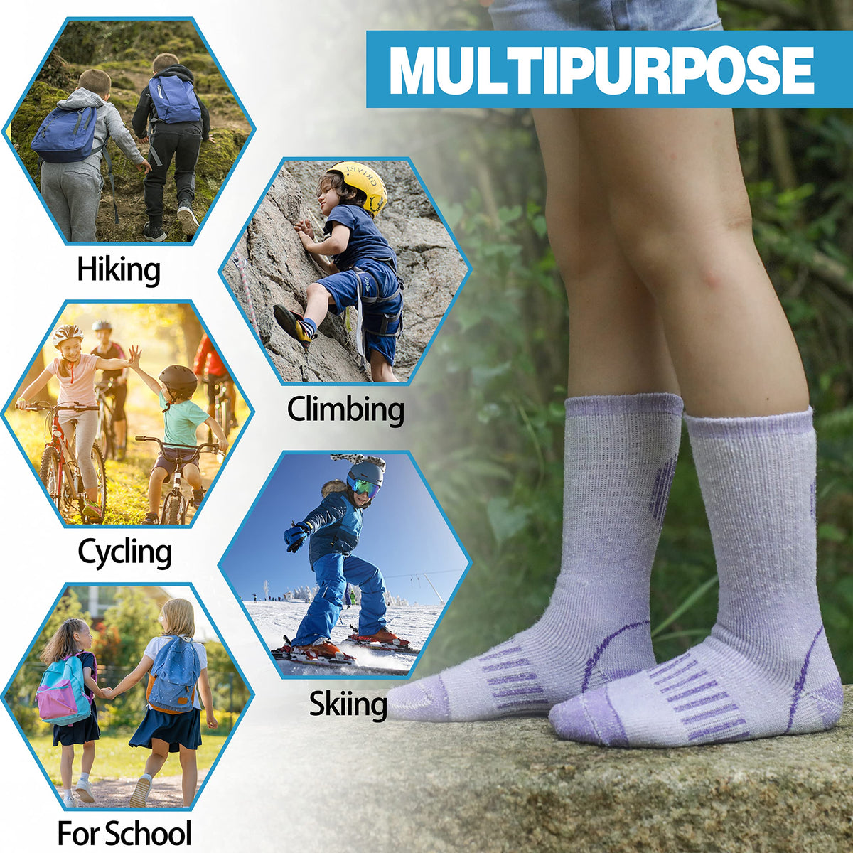 Anlisim Kids Merino Wool Hiking Socks Boys Girls Thermal Winter Warm Boot Thick Snowboarding Socks 4 Pairs for Teen(Four Mix,8-12 Y)
