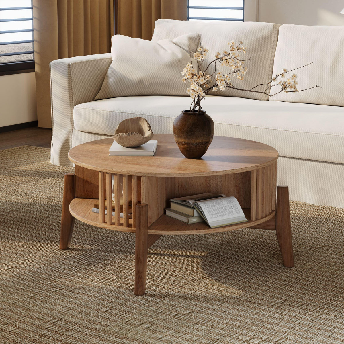 LuxenHome Round Coffee Table with Storage, 31.5" Oak Finish Wood Accent Tables with Wood Legs, Boho Center Table for Living Room, Wooden Circle Coffee Table with Open Storage for Home Office