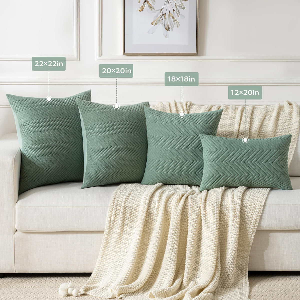 JELLYMONI Throw Pillow Covers 20”x20” Set of 2 Decorative Pillow Cases Light Green with Zipper Square Cushion Cover Polyester Quilted Solid Soft Home Decor for Bed Sofa Living Room (NO Insert)