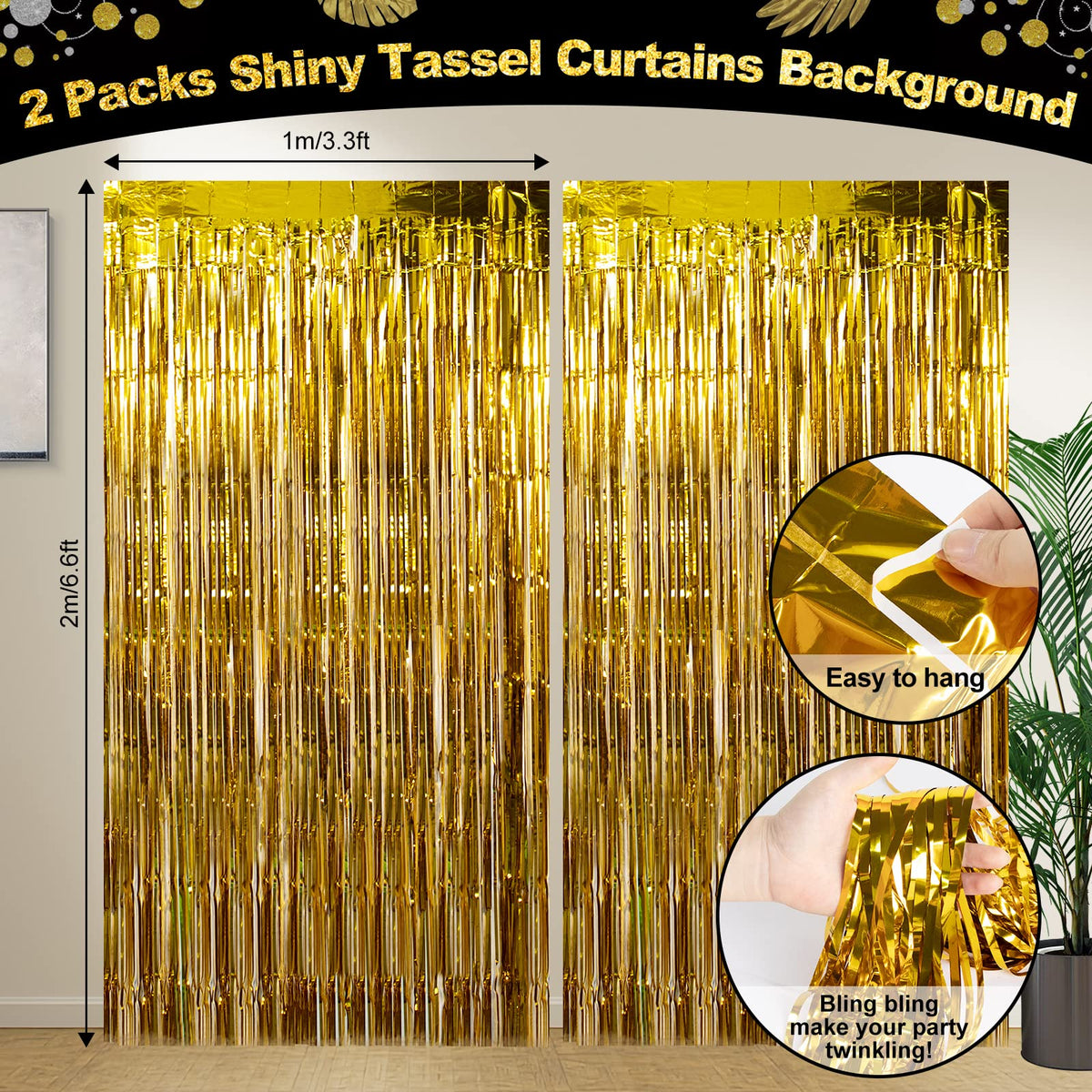 HJINGY Black and Gold Birthday Party Decorations, Happy Birthday Party Supplies for Men Women Includes Balloons, Curtains, Banner, Hanging Swirls, Tablecloth, Plates, Cake Toppers for Party