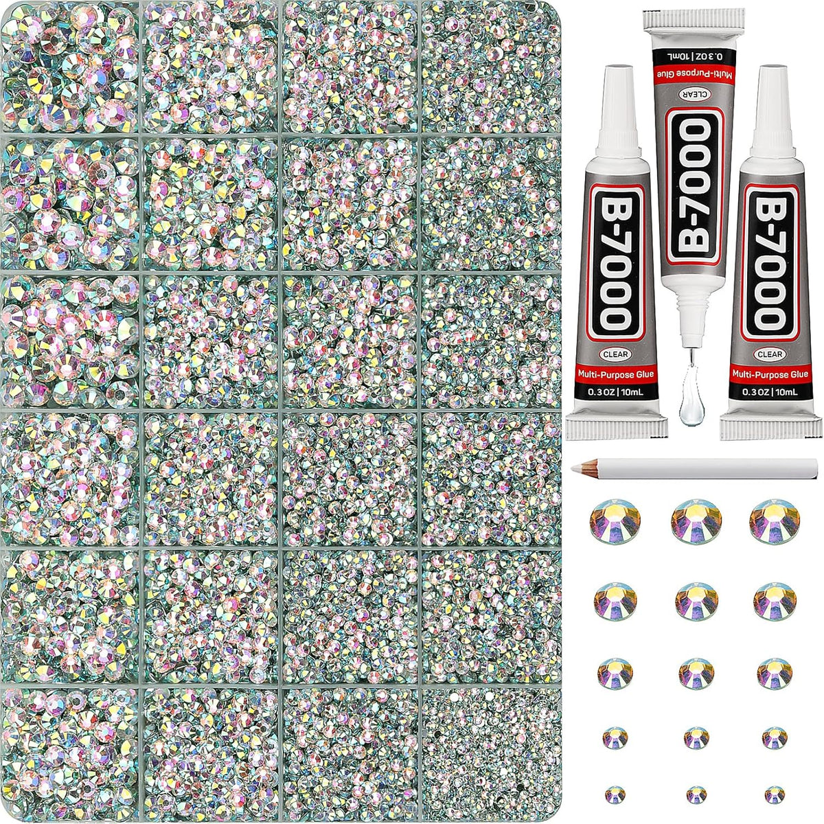 30000Pcs Resin Rhinestones Set for Crafting Bedazzling, Crystal ab Iridescent Flatback Gems Jewels for Crafts Clothes Shoes Fabric Outfit Nails Makeup, Flat Back Crystal 2-6mm with b 7000 Glue
