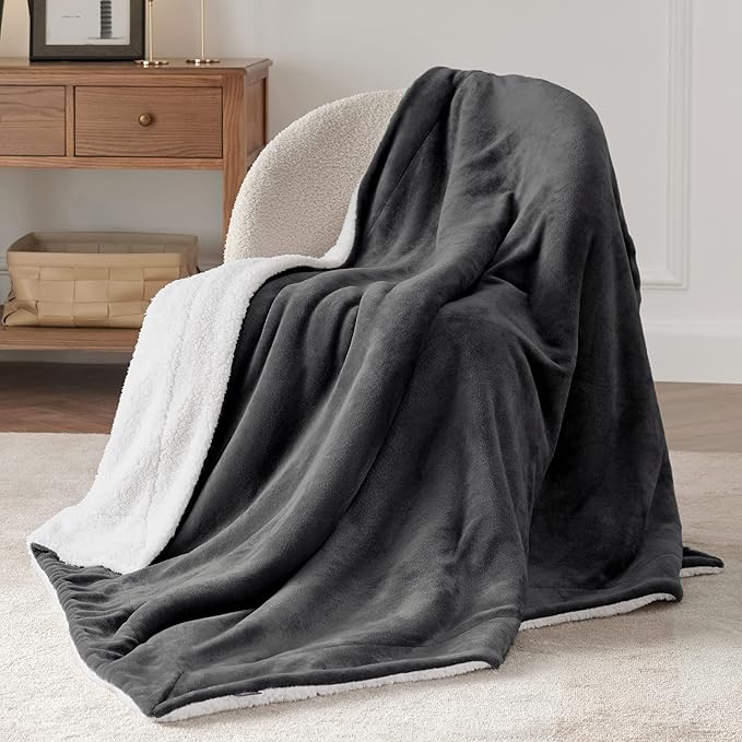 Bedsure Sherpa Fleece Throw Blanket for Couch - Thick and Warm, Soft Fuzzy Plush Throw Blanket for Winter, Charcoal, 50x60 Inches