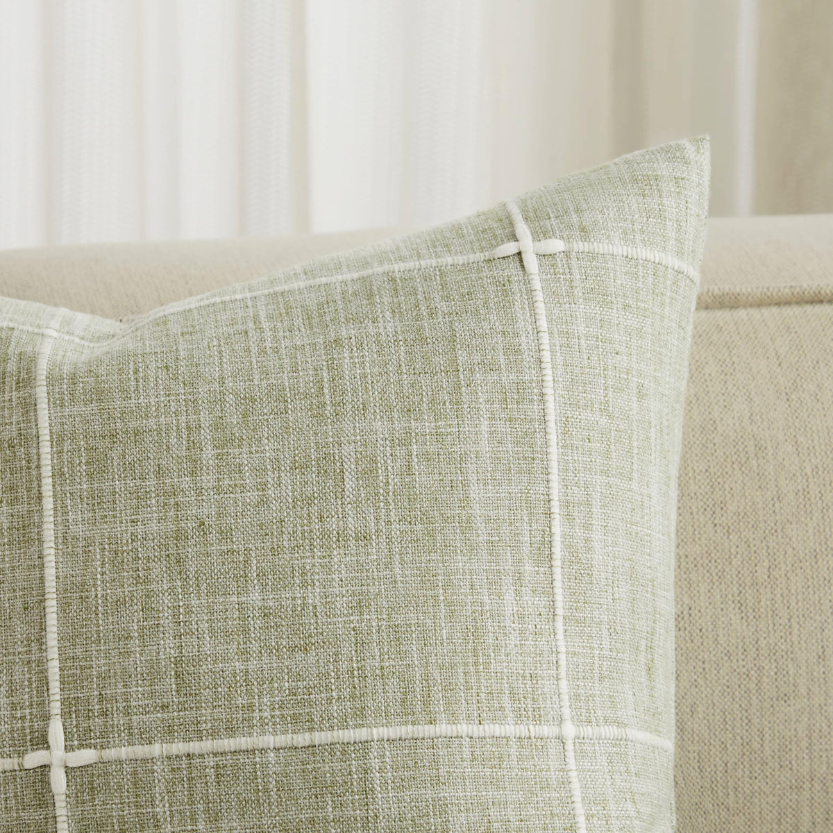 YZJZEDS 2 Packs Grid Embroidery Throw Pillow Covers, 20x20 Inch Green, Farmhouse Cotton Linen Decorative Sage Green Cushion Covers for Sofa Bed Living Room Home Decor