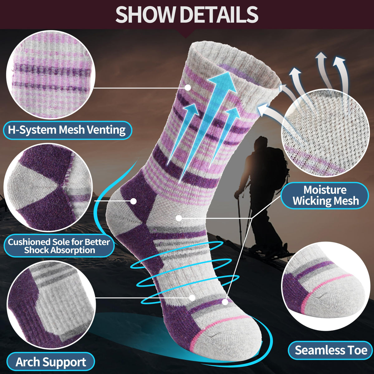 Anlisim Merino Wool Hiking Socks for Women Thermal Winter Warm Thick Work Cushion Gifts Socks 5 Pairs Stocking Stuffers(Colorful,M)