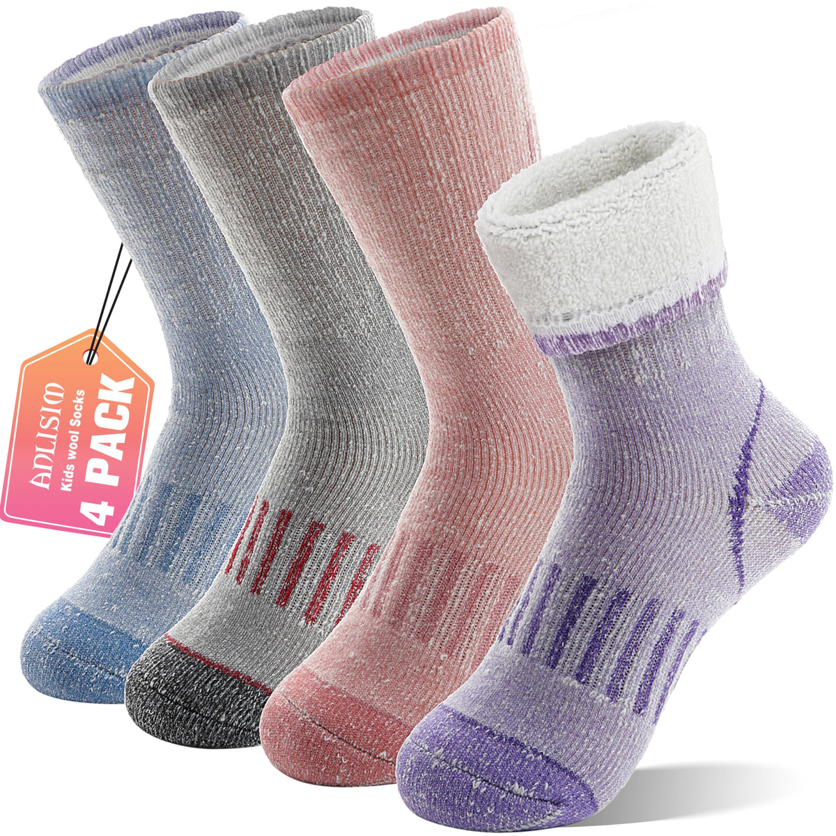 Anlisim Kids Merino Wool Hiking Socks Boys Girls Thermal Winter Warm Boot Thick Snowboarding Socks 4 Pairs for Teen(Four Mix,8-12 Y)