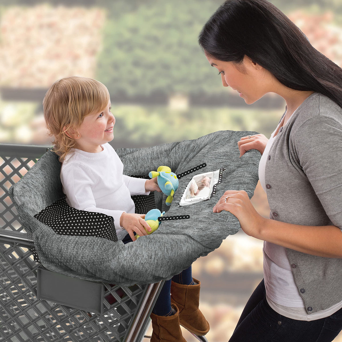 Summer 2-in-1 Full Coverage Cushy Shopping Cart Cover (Heather Gray) and High Chair Cover with Removable Seat Positioner, Strap, Phone Holder, and Toy Loops, Heather Gray and Black