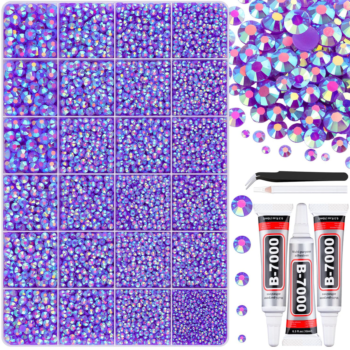 30000Pcs Resin Dark Purple AB Rhinestones for Bedazzling Crafting with b7000 Jewelry Glue, Bulk Flatback Gems Bedazzler Kit for Crafts Clothes Shoes Fabric Nail Diamond Art, Assorted Size 2/3/4/5/6mm