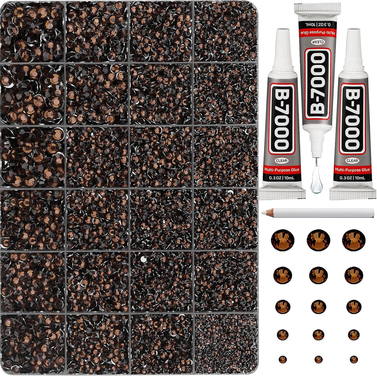 30000Pcs Resin Rhinestones Set for Crafting Bedazzling, Brown Flatback Gems Jewels for Crafts Clothes Shoes Fabric Outfit Nails Makeup, Flat Back Crystal 2-6mm with b 7000 Glue