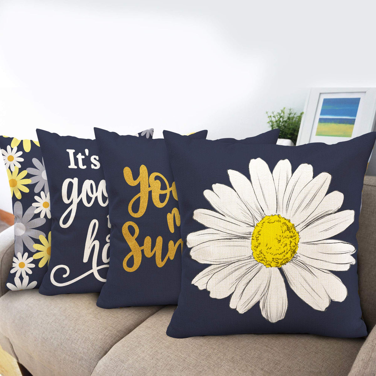 Hexagram Outdoor Pillow Covers 18x18, Blue Daisy Sunflower Throw Pillow Cover Set of 4 for Couch Living Room Sofa You are My Sunshine Dark Blue Home Decor