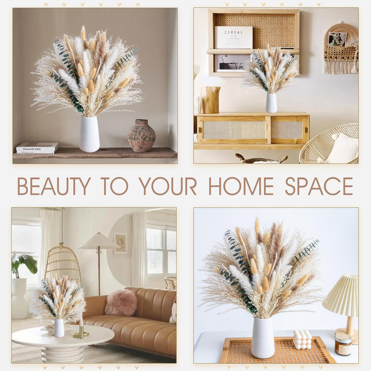 WILD AUTUMN Pampas Grass Decor Natural Dried Pampas Boho Home Decor Bouquet Dried Flowers Eucalyptus Bouquet for Wedding Floral Arrangements Table Decor Rustic Farmhouse (White&Green)
