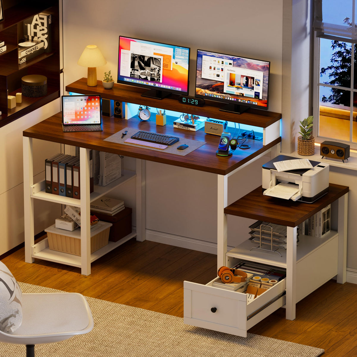 White Farmhouse Office Desk with Drawer & Power Outlets, Wood Computer Desk Monitor Stand for Bedchamber Study, Home Office Table with LED Strip for Working Writing Gamin