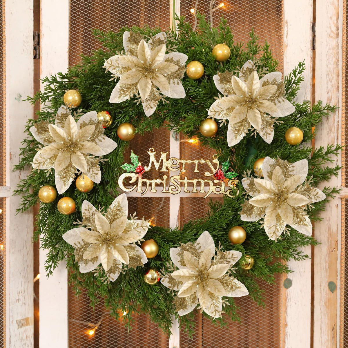 Kisflower 24PCS Poinsettia Artificial Flowers Gold Christmas Flower Decorations with Clips and Stems, Glitter Christmas Tree Ornaments for Xmas New Year Wedding Party (Gold)