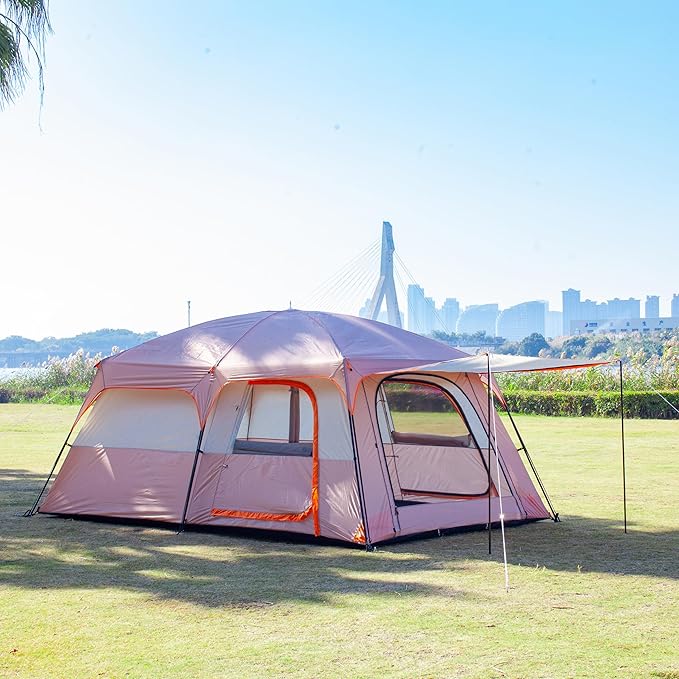KTT Large Family Cabin Tent 10-12 Person,14.1X10X6.58ft,2 Rooms,3 Storage Pockets,2 Bay-Windows 3 Doors and 3 Windows with Mesh,Straight Wall,Waterproof,Double Layer,Big Tent for Outdoor,Camping