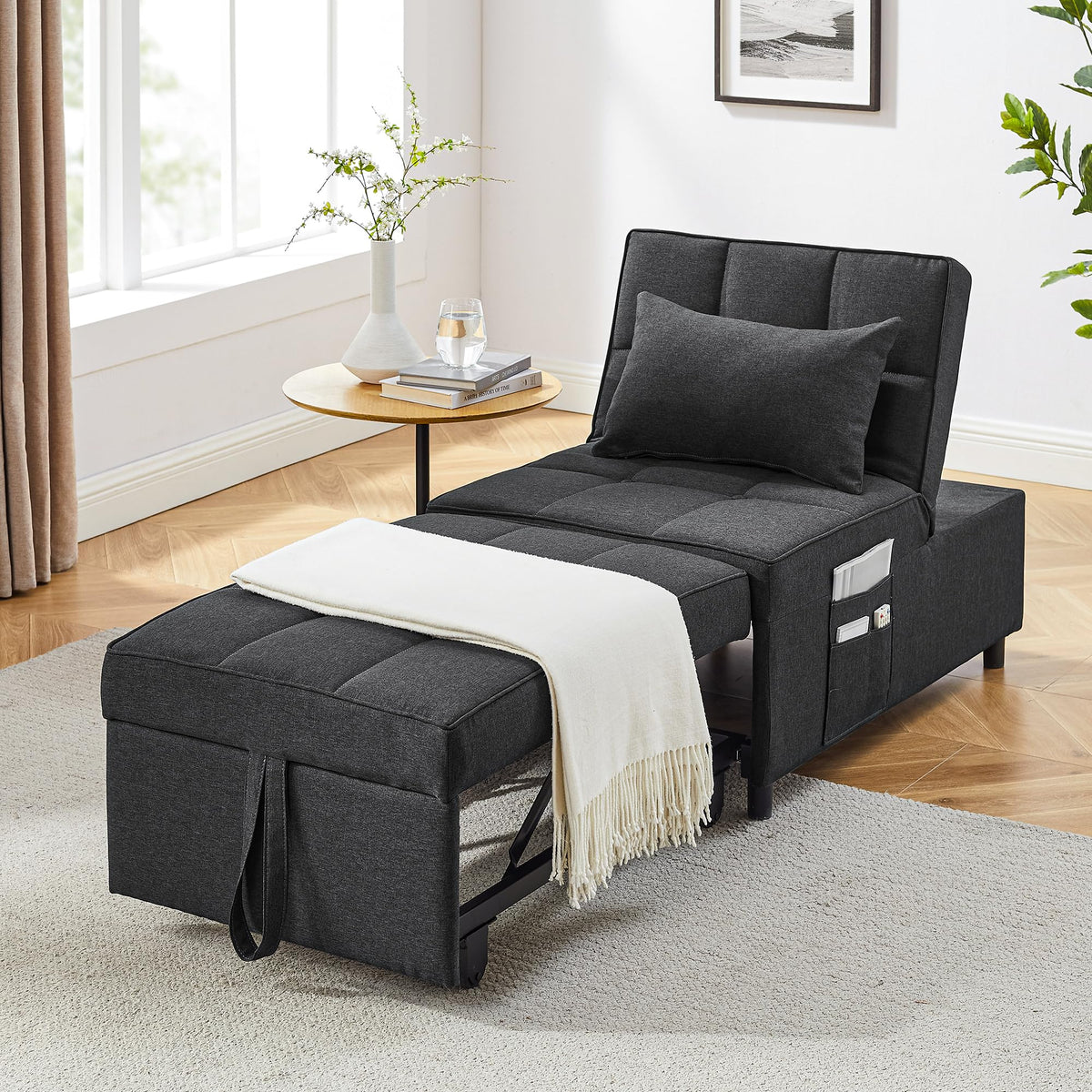 LegacyAmerhome Sleeper Chair, 4-in-1 Multi-Functional Sofa Bed Chair, Single Recliner with Pillow Side Pockets and 5 Levels of Adjustable Backrest, for Living Room Bedroom (Dark Gray)