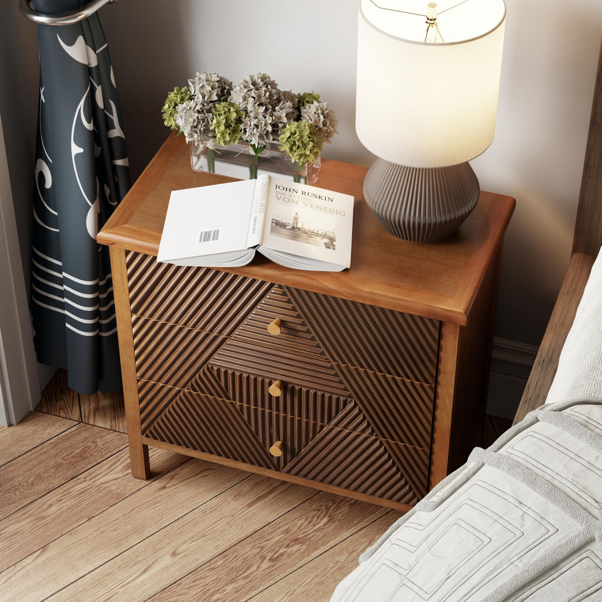 COZAYH 3 Drawer Fluted Dresser with Carved Geometric Pattern, Modern Nightstand, Side End Table for Bedroom, Accent, Carved, Alloy Handle, Fully-Assembled, Brown, Natural Wood