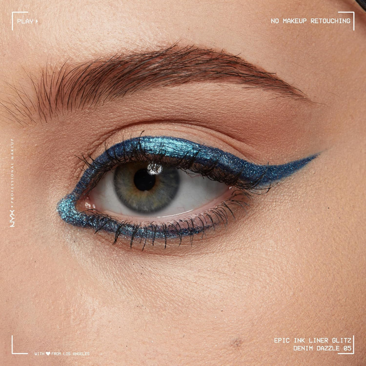 NYX PROFESSIONAL MAKEUP Epic Ink Glitz Liner, Waterproof Metallic Liquid Eyeliner with Vegan Formula - Denim Dazzle (Shimmer Deep Navy)