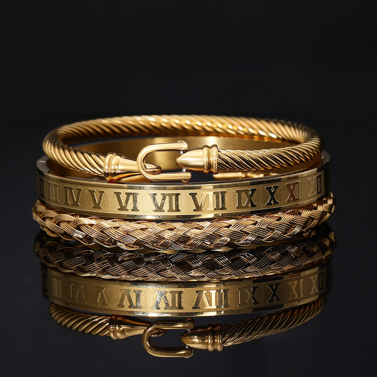 WFYOU 3PCS Stainless Steel Bracelets for Men Gold Roman Numeral Bangle Bracelet Twisted Cable Bracelet Adjustable Cuff Bracelet Mens Luxury Jewelry Bracelets Gifts
