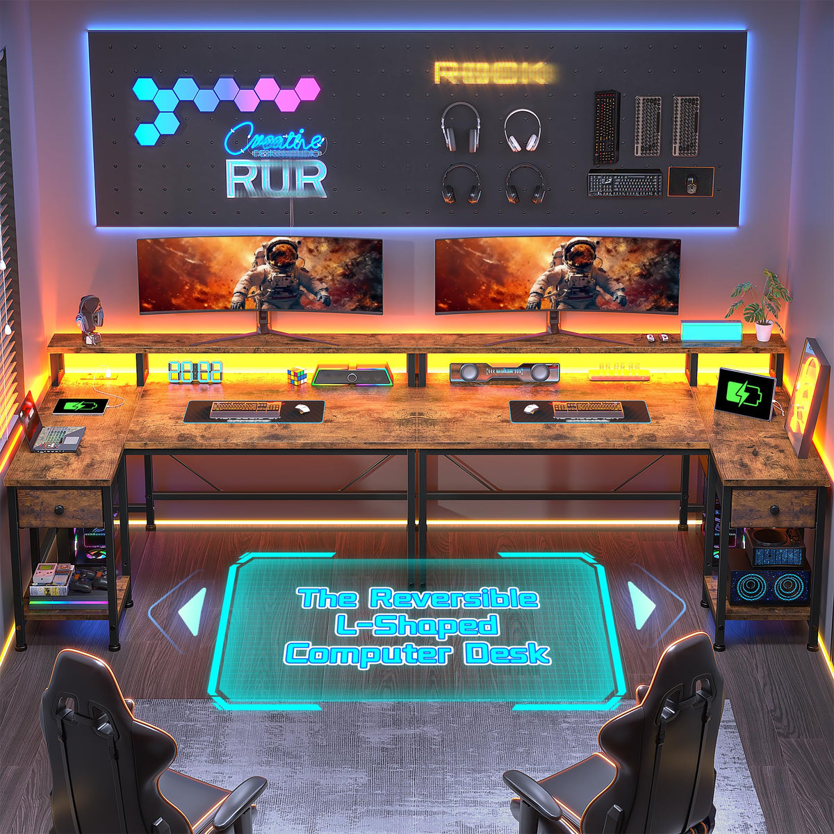 DurayLoly Gaming Desk with LED & Power Outlet, 48" L Shaped Small Computer Desk with Drawers Reversible Corner Desks with Monitor Stand Office Desks for Gaming Room,Home Office,Bedroom,Rustic Brown
