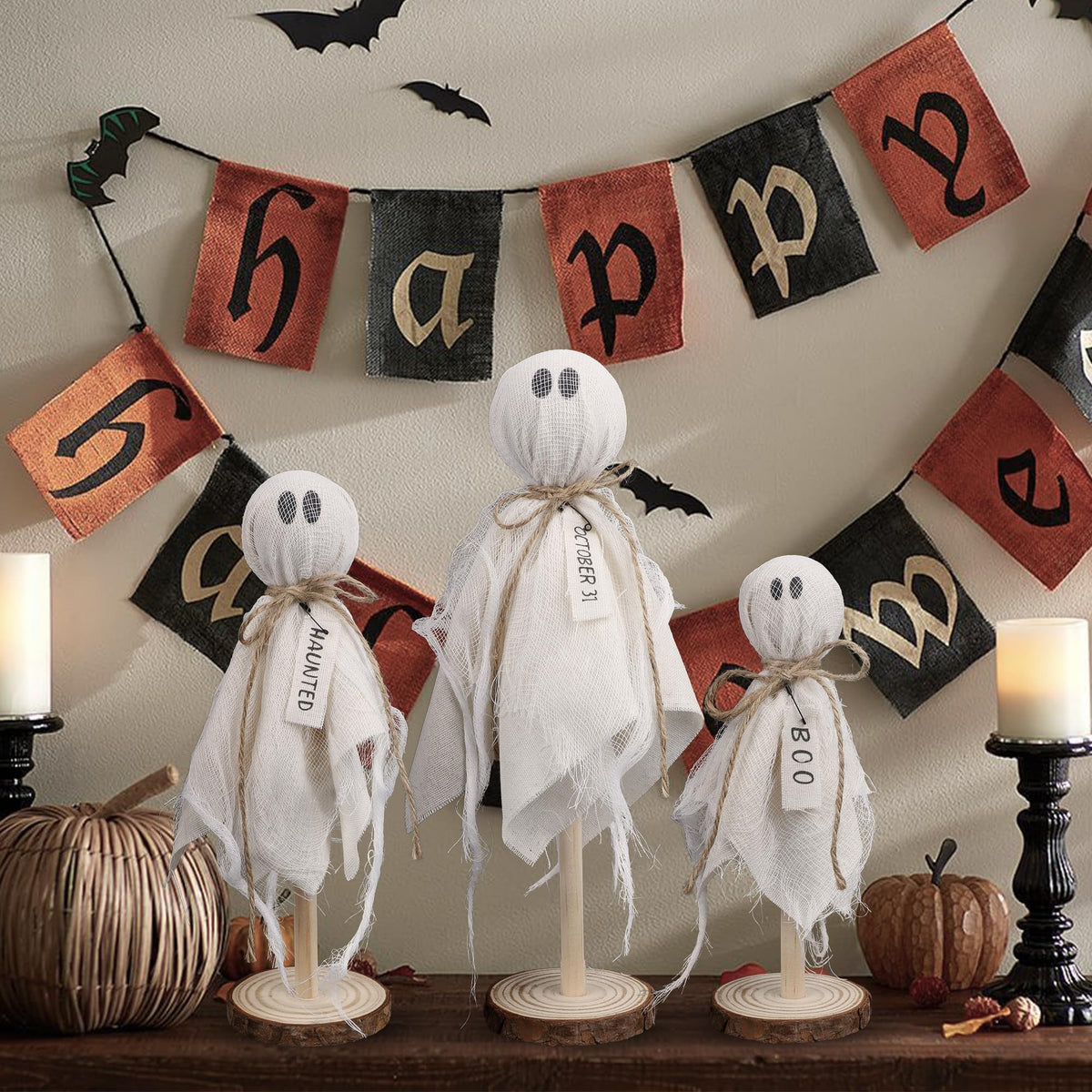 DR.DUDU 3 Pack Halloween Ghost Decor - Primitive Wooden Ghost Kit for Table Centerpiece Indoor Decorations, Spooky Cute Ghosts for Farmhouse Shelf Mantel Kitchen Home & Office Decor
