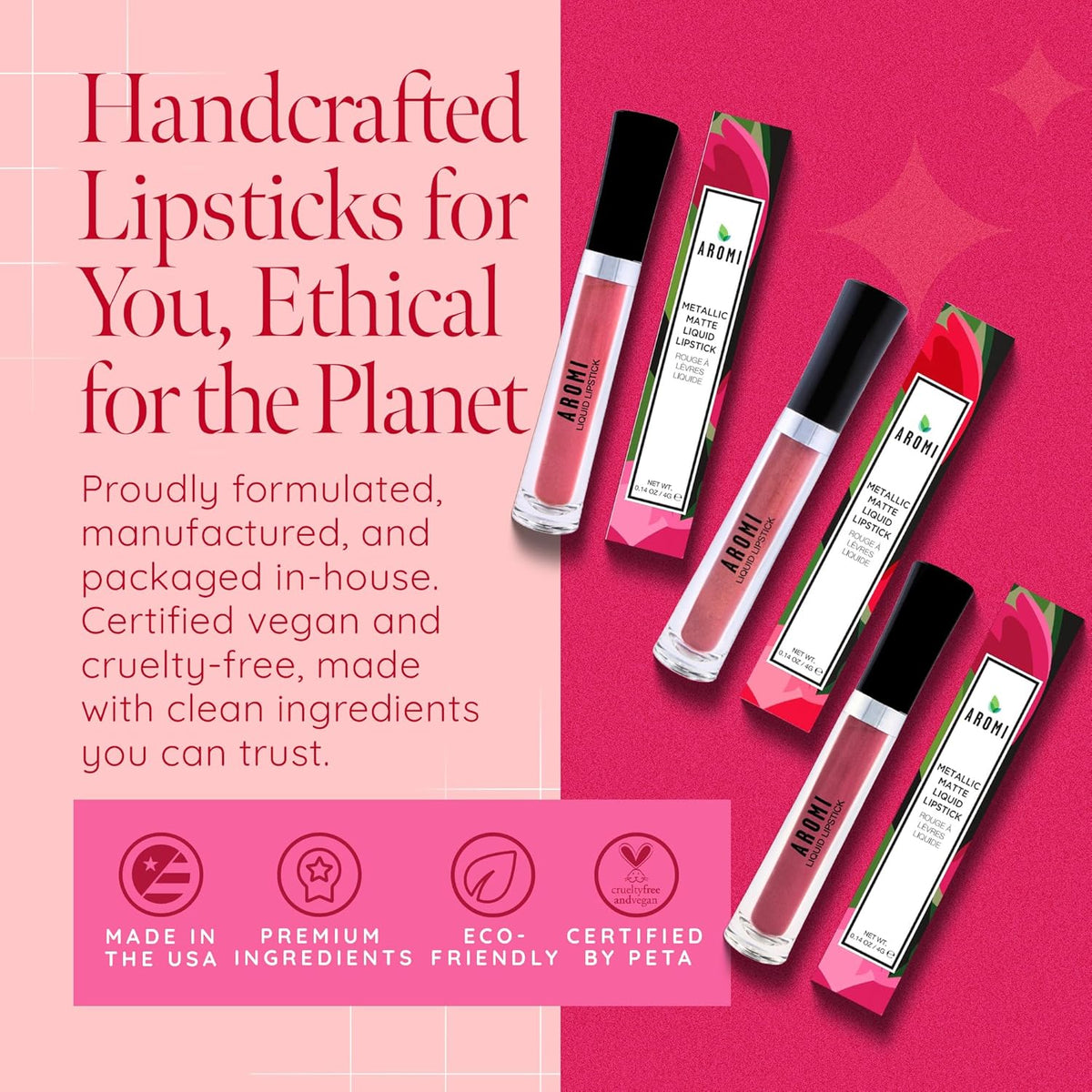 Aromi Metallic Liquid Lipstick | Long-lasting, Smear, Smudge, + Transfer Proof, Waterproof, Light, Baby Pink Lip Color with Shimmery Finish, Paraben + Phthalate Free (Pink Sugar)