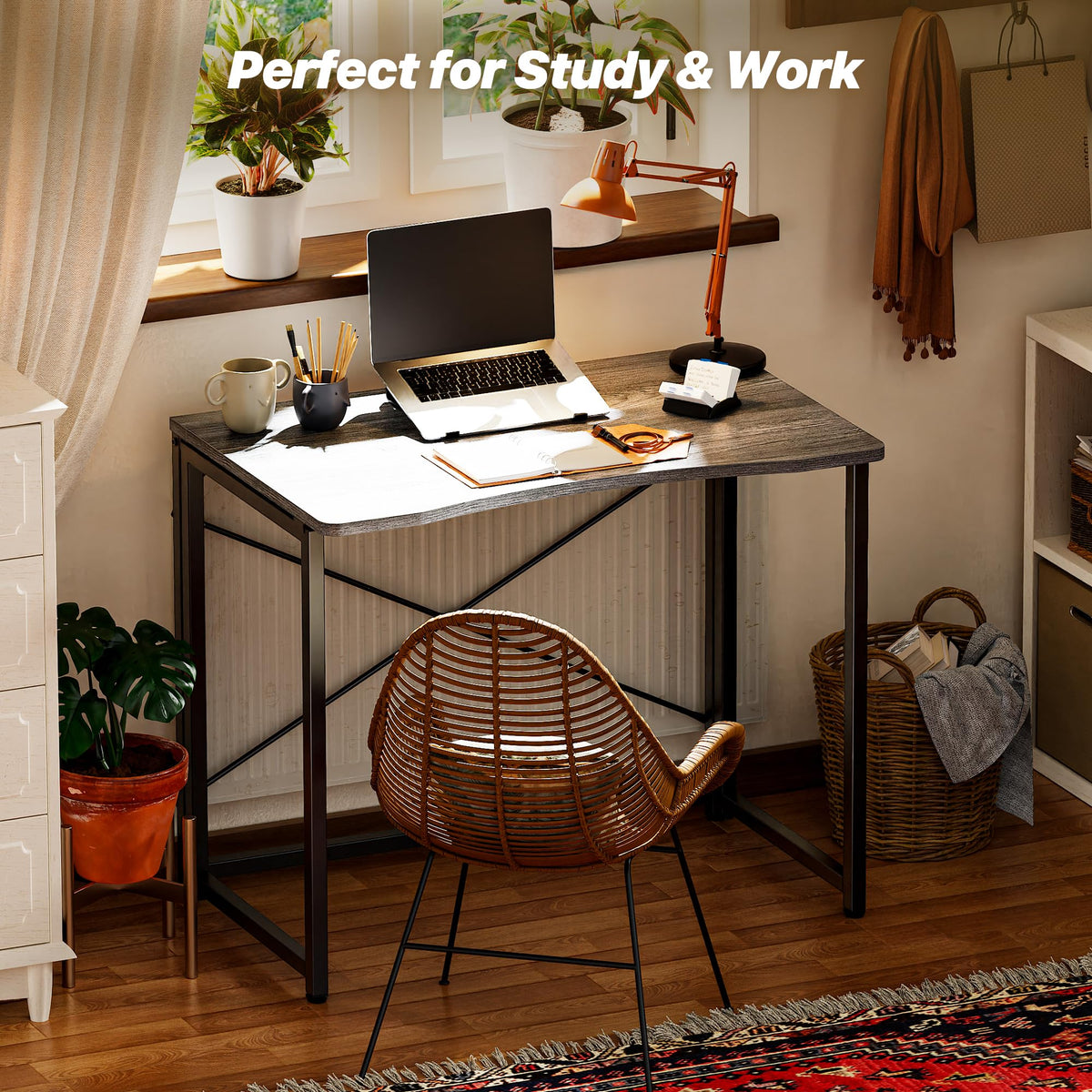 Huuger Folding Desk for Small Spaces, 31.5 Inch Foldable Computer Table, for Home Office, Study, Bedroom, Dorm, Space Saving, Small Writing Work Office Computer Desk, Easy to Fold, Grey
