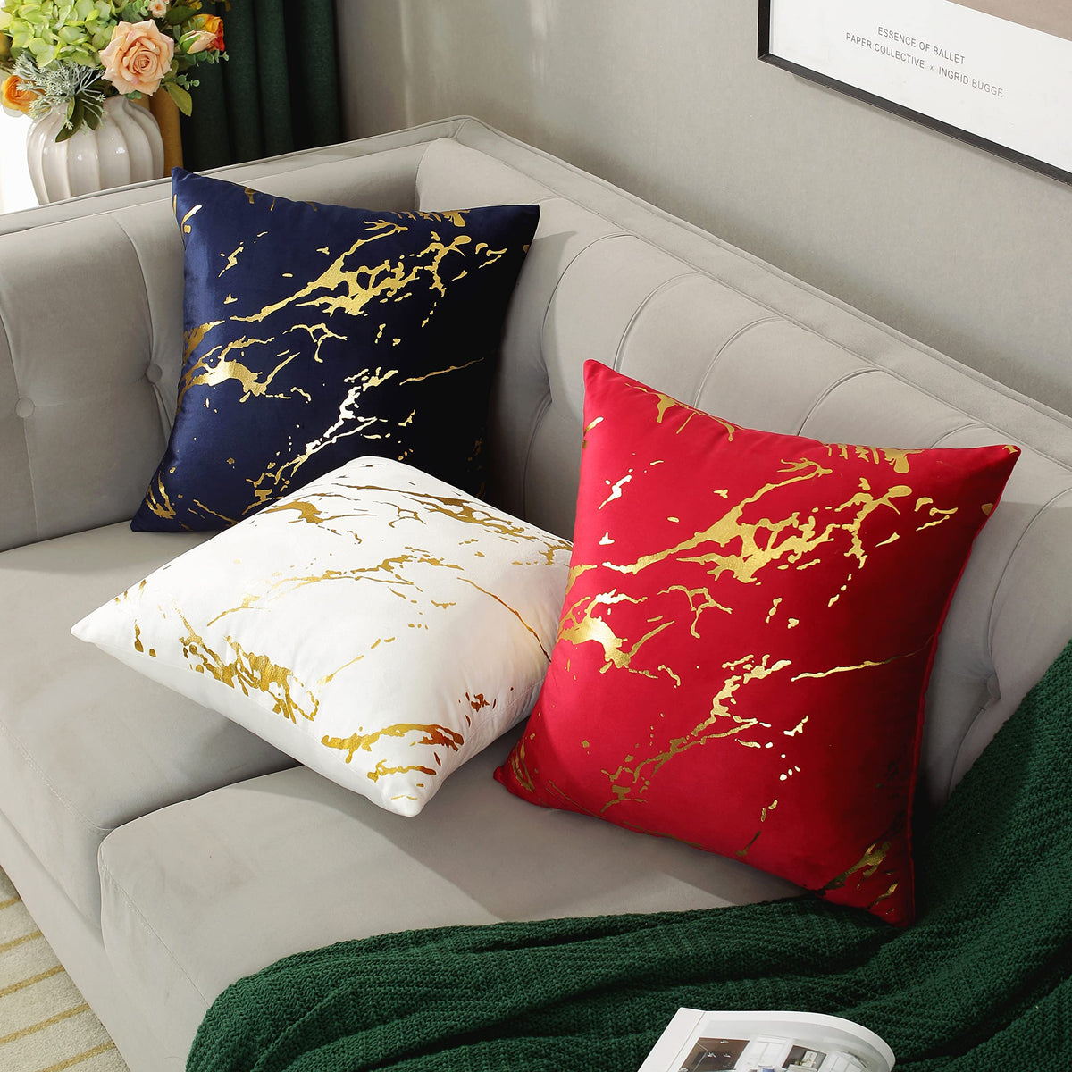 TAOSON Pack of 2,Velvet Marble Pattern Lines Geometric Bronzing Printed Cozy Soft Throw Pillow Cases Cushion Covers Shells for Sofa Couch Bed Home Decoration 20 x 20 Inches, Red and Gold