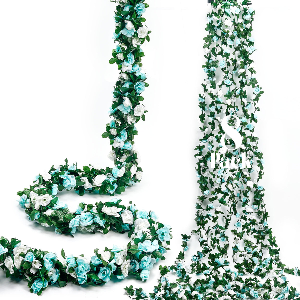 Miracliy 8Pcs 66FT Blue Flower Garland, Artificial Rose Floral Vines Fake Hanging Spring Flower Garland for Wall Backdrop Wedding Arch Tea Party Door Mantle Decoration