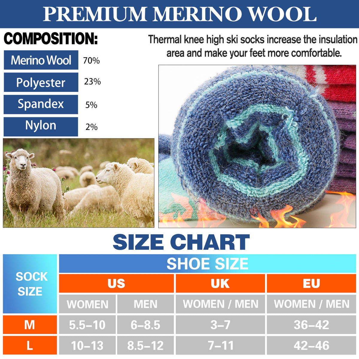 Merino Wool Ski Socks for Mens Womens Winter Thermal Warm Thick Knee High Snowboarding Skiing Socks for Cold Weather 3 Pairs Gifts Stocking Stuffers(Red/Blue/Purple,M)