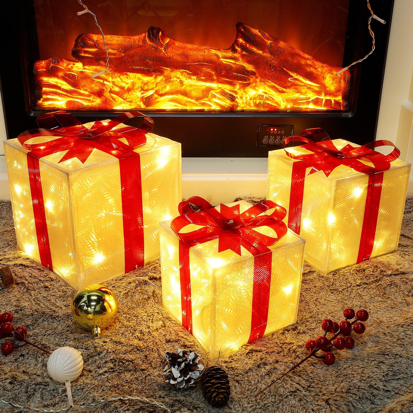 Lulu Home Christmas Box Decorations, Set of 3 Light Up Boxes with Red Bows, Plug-in 60 LEDs Warm White Lighted Xmas Boxes for Christmas Tree Holiday Indoor Outdoor Decors