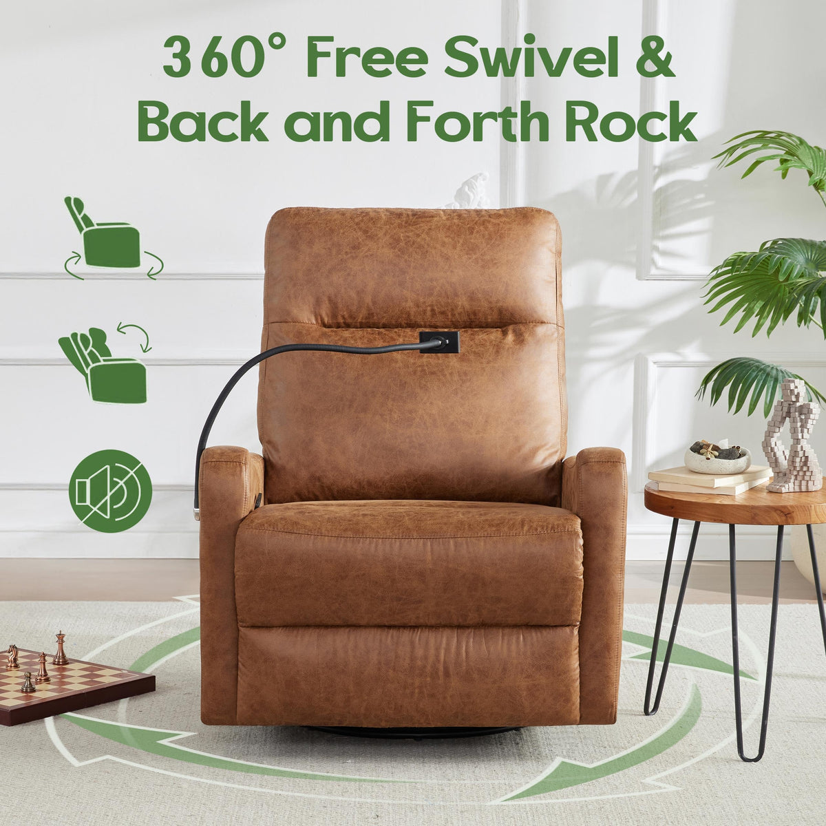 AYEASY Oversized Leather Recliner Chair with Phone Holder, Swivel Rocking Reclining, Ergonomic Lazy Boy Recliner Chair with Lumbar Support, Manual Glider Sofa Chair for Living Room, RV, Brown