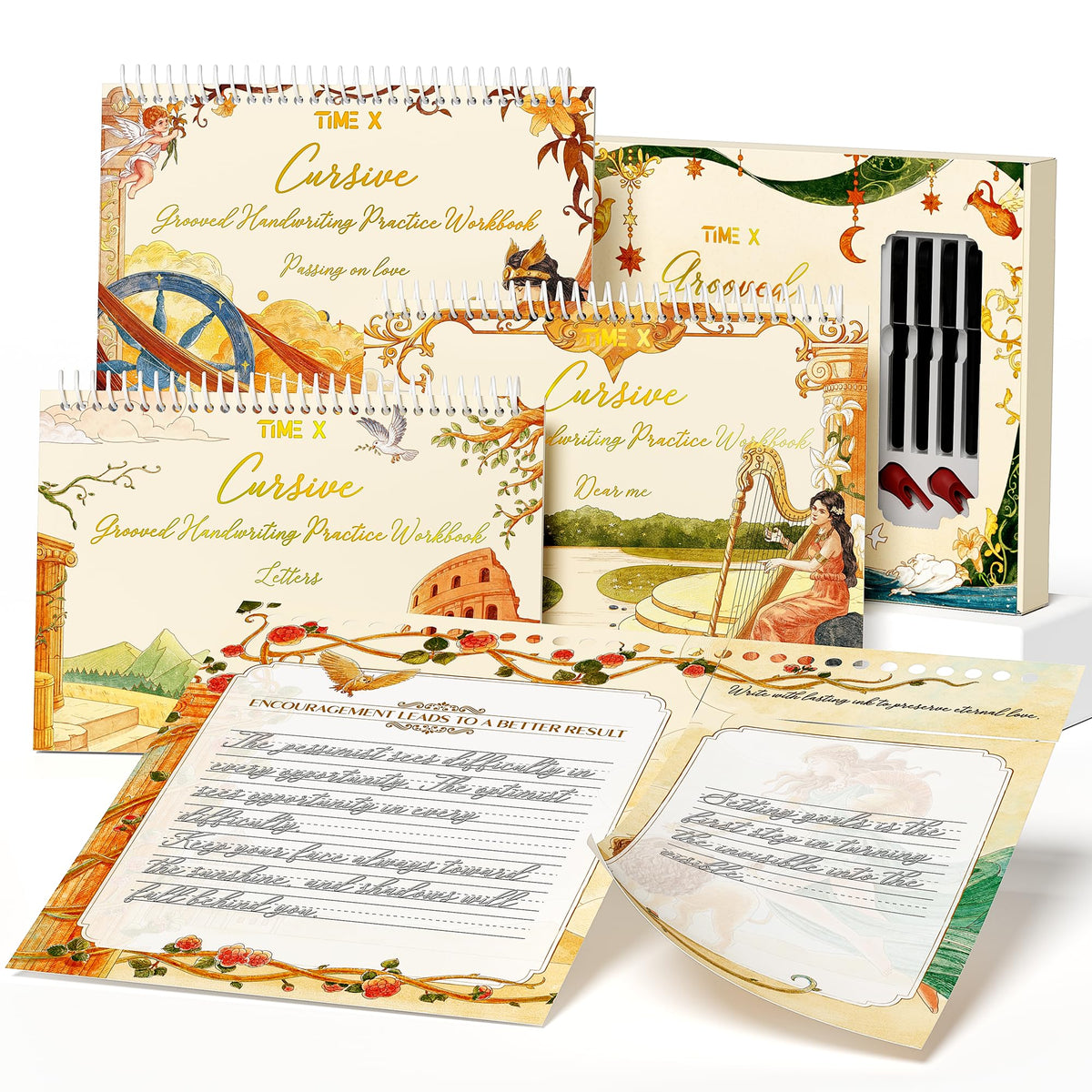 TIME X Grooved Cursive Handwriting Workbook Kit - Cursive Handwriting Workbook for Kids 8-12 and Adults - 3Pcs Magic Reusable Handwriting Workbook with Detachable Quote Postcards - 12.6"x10.6"