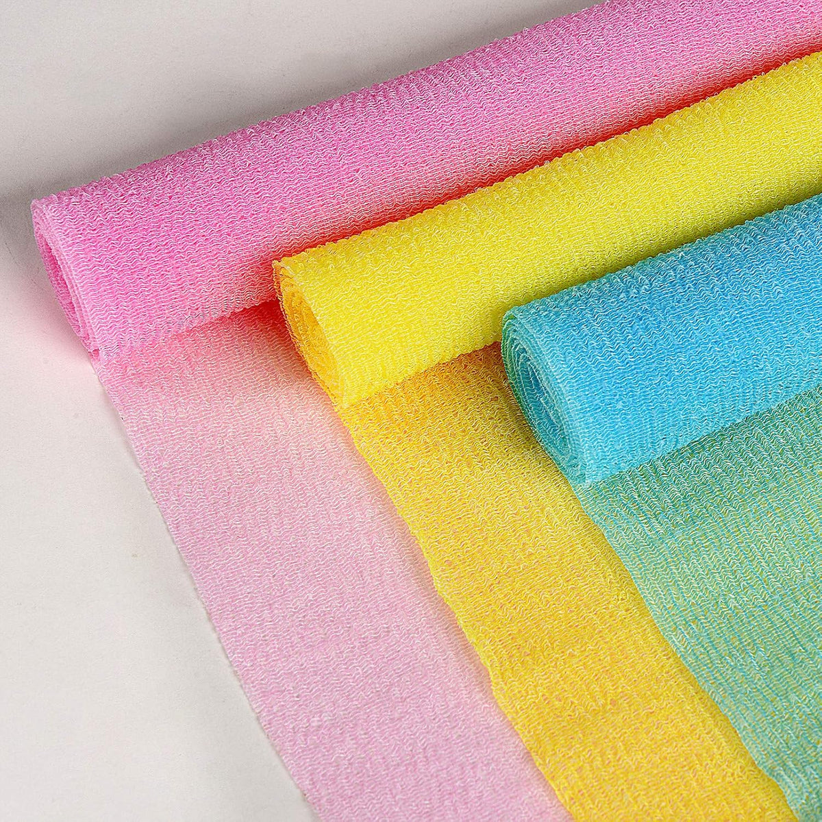 ARCH&M 3 Pack Exfoliating Towel for Body, 35-Inch Korean & Japanese Style Washcloth for Shower, Deep Clean & Smooth Skin, Nylon Back Scrubber, More Hygienic Than Loofah (Orange Purple Navy-Blue)