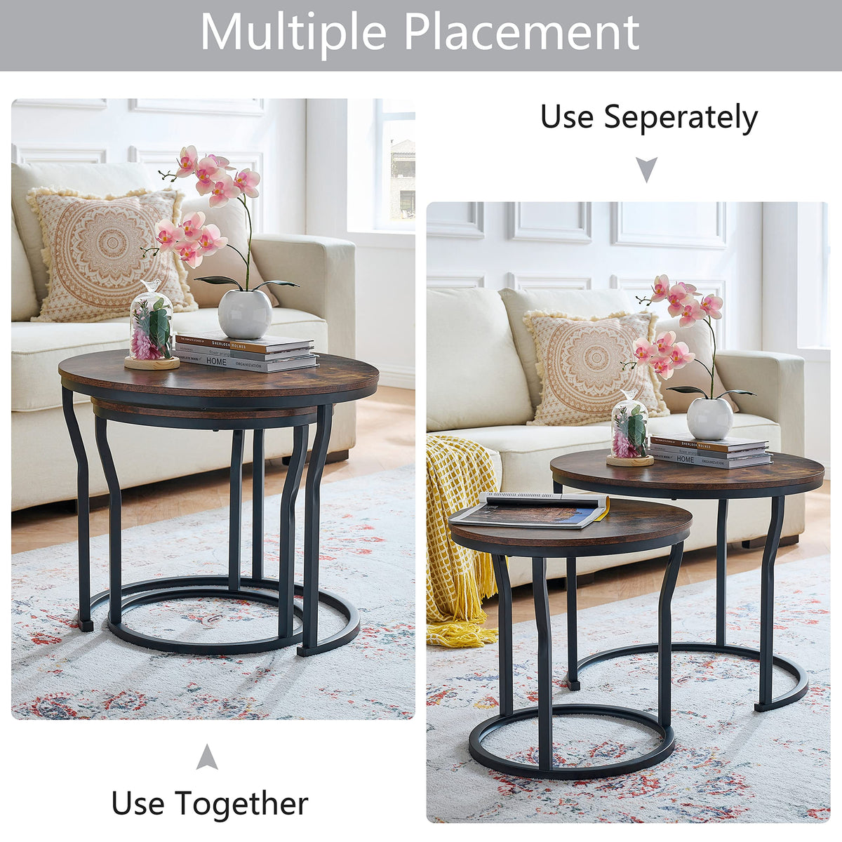 Hoctieon Nesting Coffee Tables, Round Nesting Tables Set of 2, End Tables, Stacking Nesting Tables for Living Room, Circle Coffee Tables, Side Tables Wooden Table Top, Rustic Brown