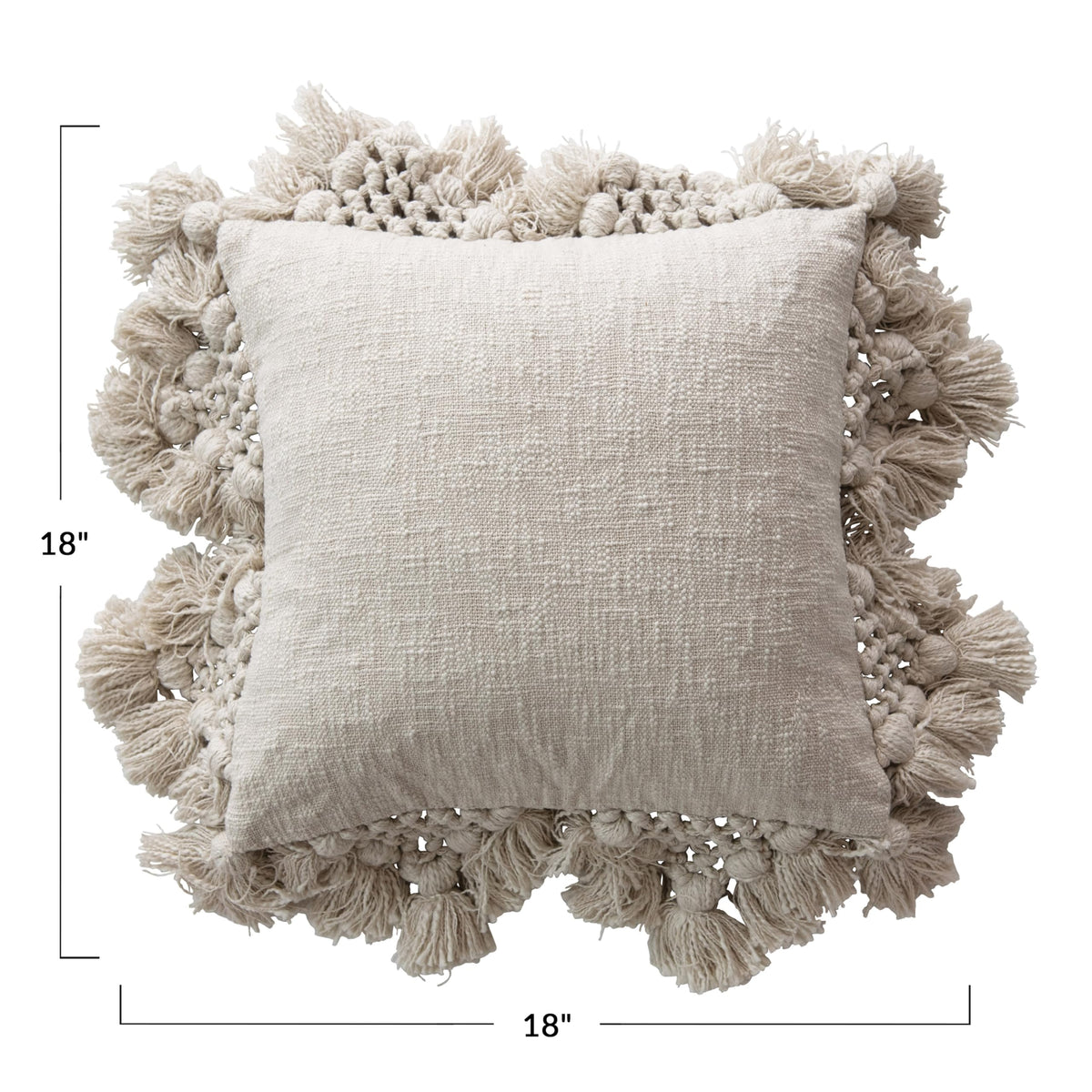 Creative Co-Op Cotton Slub Pillow with Crochet and Tassels, 1 Count (Pack of 1), Cream