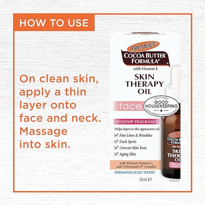 Palmer's Cocoa Butter Formula Moisturizing Skin Therapy Oil for Face with Vitamin E, C & 10 Pure Facial Oils Blend, Rosehip Oil Fragrance, 1 Ounce