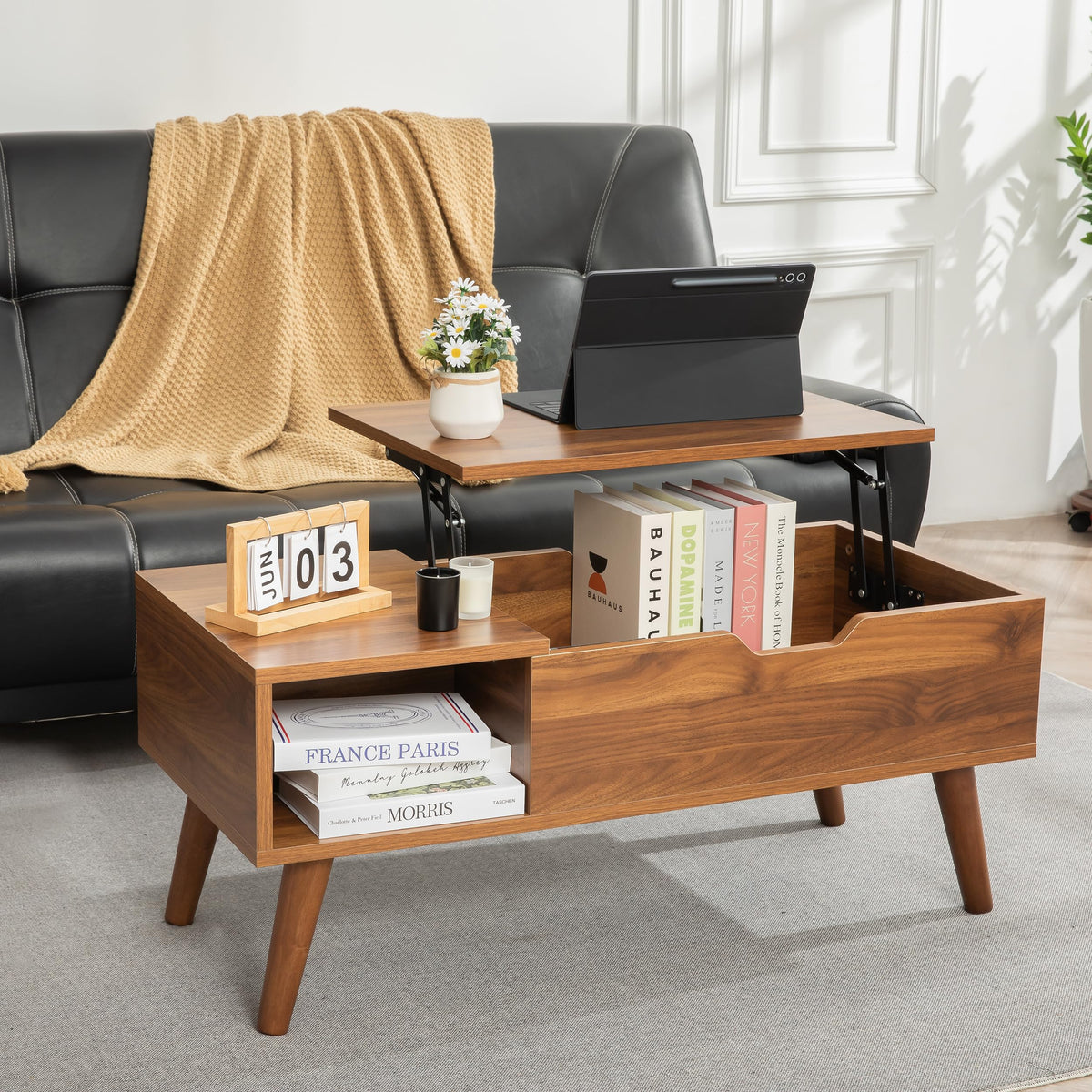 VICTORY RELAX Lift-Top Coffee Table with Hidden Storage and 2 Open Cubbies, Coffee Table with Storage for Living Room, Center Table for Living Room, Designed for Workspace and Relaxation (Natural)