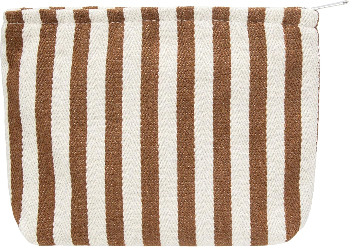 PAZIMIIK Makeup Bag Large Cotton Zipper Pouch for Purse Travel Canvas Make Up Organizer for Women Cosmetic,Stripe Coffee