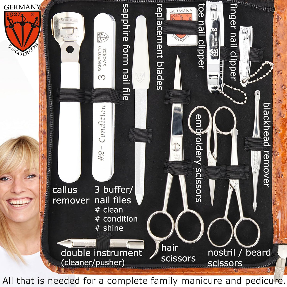 3 Swords Germany - Brand Quality 23 Piece Manicure Pedicure Grooming kit Set for Professional Finger & Toe Nail Care Tweezers File Clipper Fashion Leather case in Gift Box, Made by 3 Swords (7452)