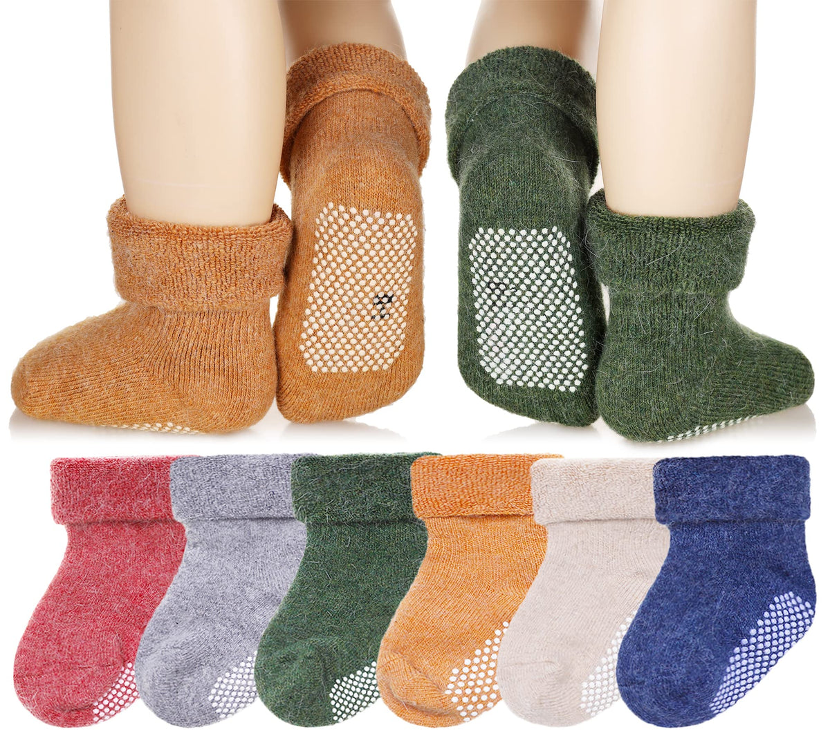 Eyean Baby Wool Grip Sock Soft Winter Warm Thick Non Slip Toddler Boy Girls Crew Socks For Children 6 Pairs (Solid Color, 1-3 Years)