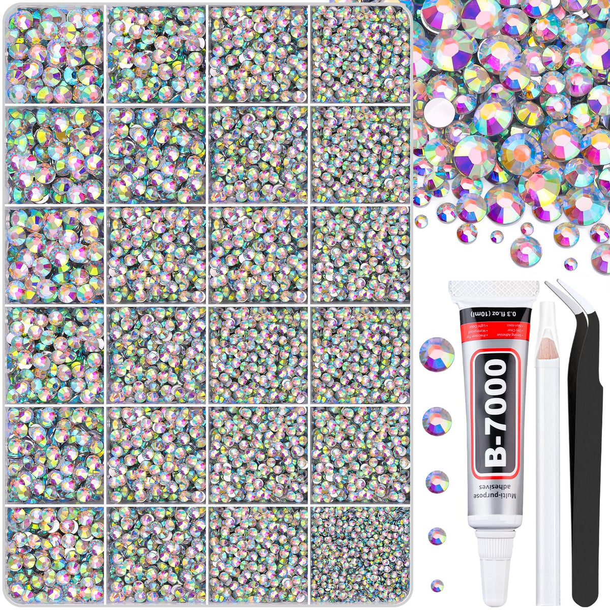 30000Pcs AB Rhinestones for Bedazzling with B7000 Jewelry Glue, Bedazzler Kit Flatback Gems, Resin Rhinestones for Crafting Crafts Clothing Shoes Fabric Nail Art Assorted Size 2/3/4/5/6mm