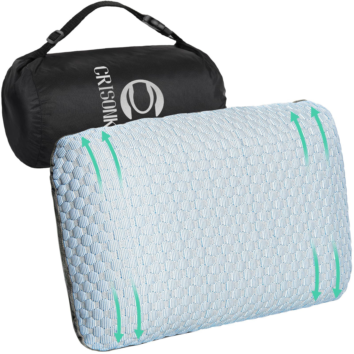Crisonky Travel and Camping Pillow- Compressible Medium Firm Memory Foam Pillow with Carry Bag for Backpacking & Airplane, Lumbar Support. Breathable Cooling Fabric, Washable Pillowcase (Wathet Blue)