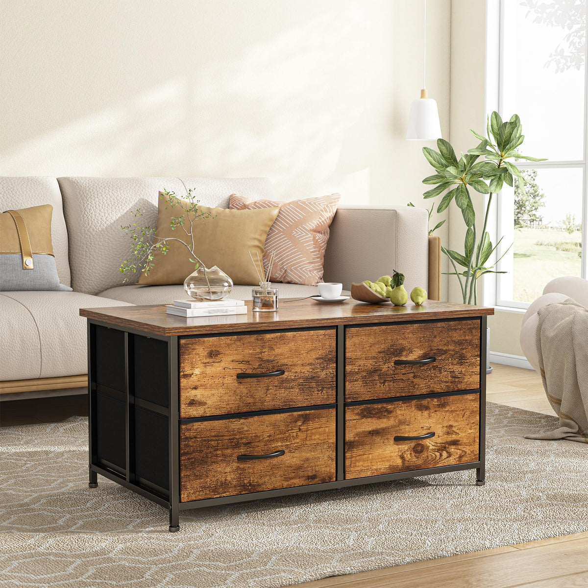 EnHomee Coffee Table with Storage, Modern Coffee Tables for Living Room, Black Center Table with Fabric Drawer and Large Hidden Space for Bedroom, Home, Office