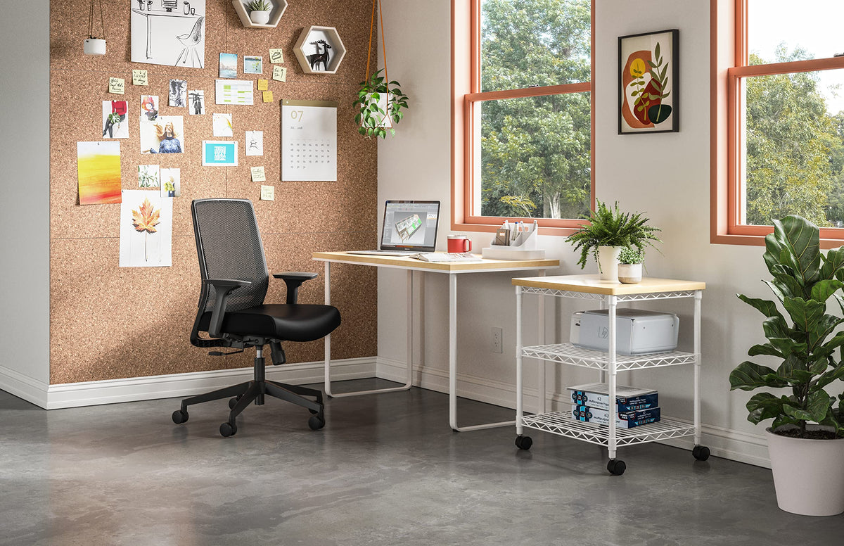 Safco Deskside Printer Stand, Printer Table for Home Office, Mobile Rolling Cart with Adjustable Shelves, White
