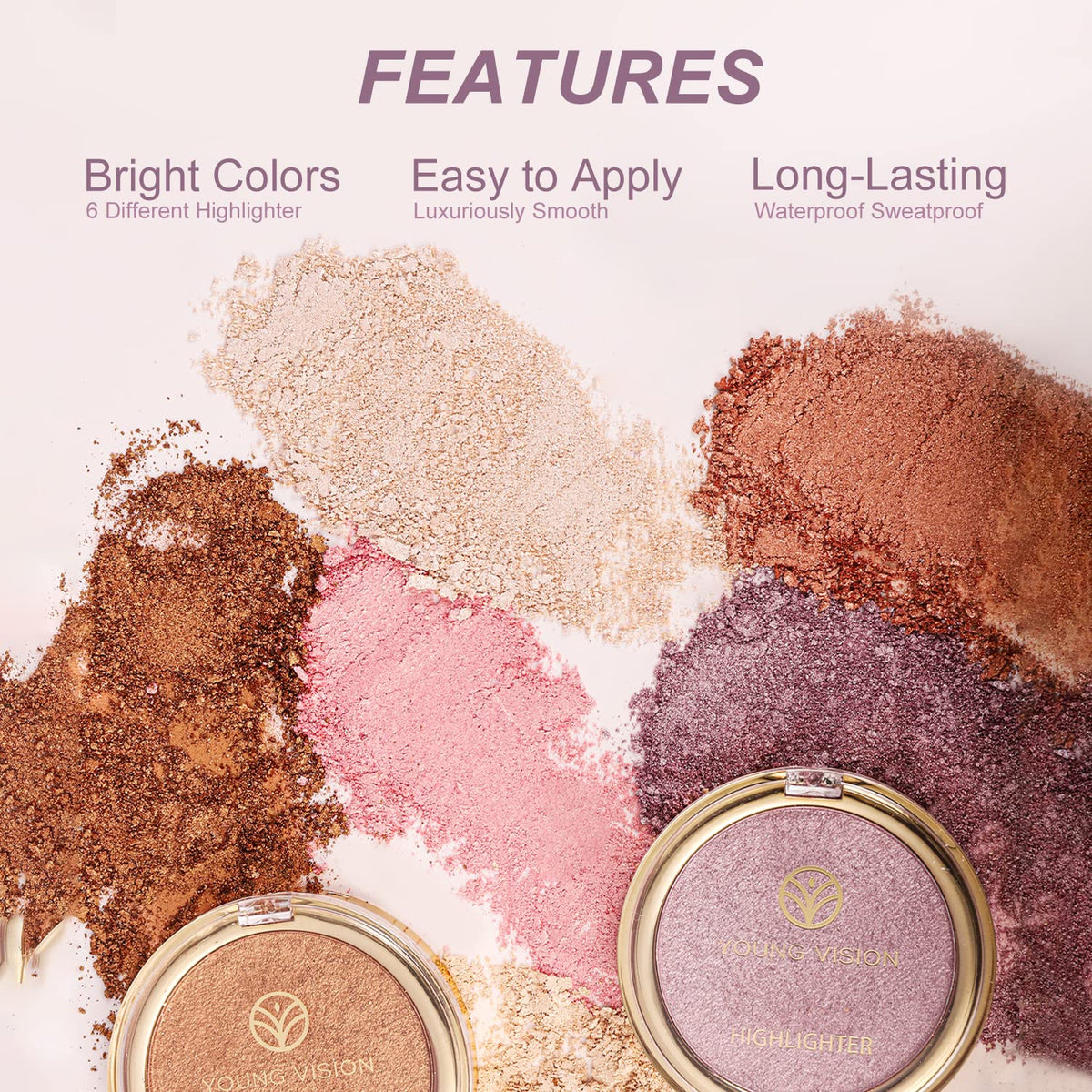 YOUNG VISION Pressed Powder Highlighter, Baked Natural Glow Contour Powder & Face Highlighter, Cruelty Free, Shimmer Highlighting Makeup for Face, Eye, Eyeshadow, Body, Skin (Silver)