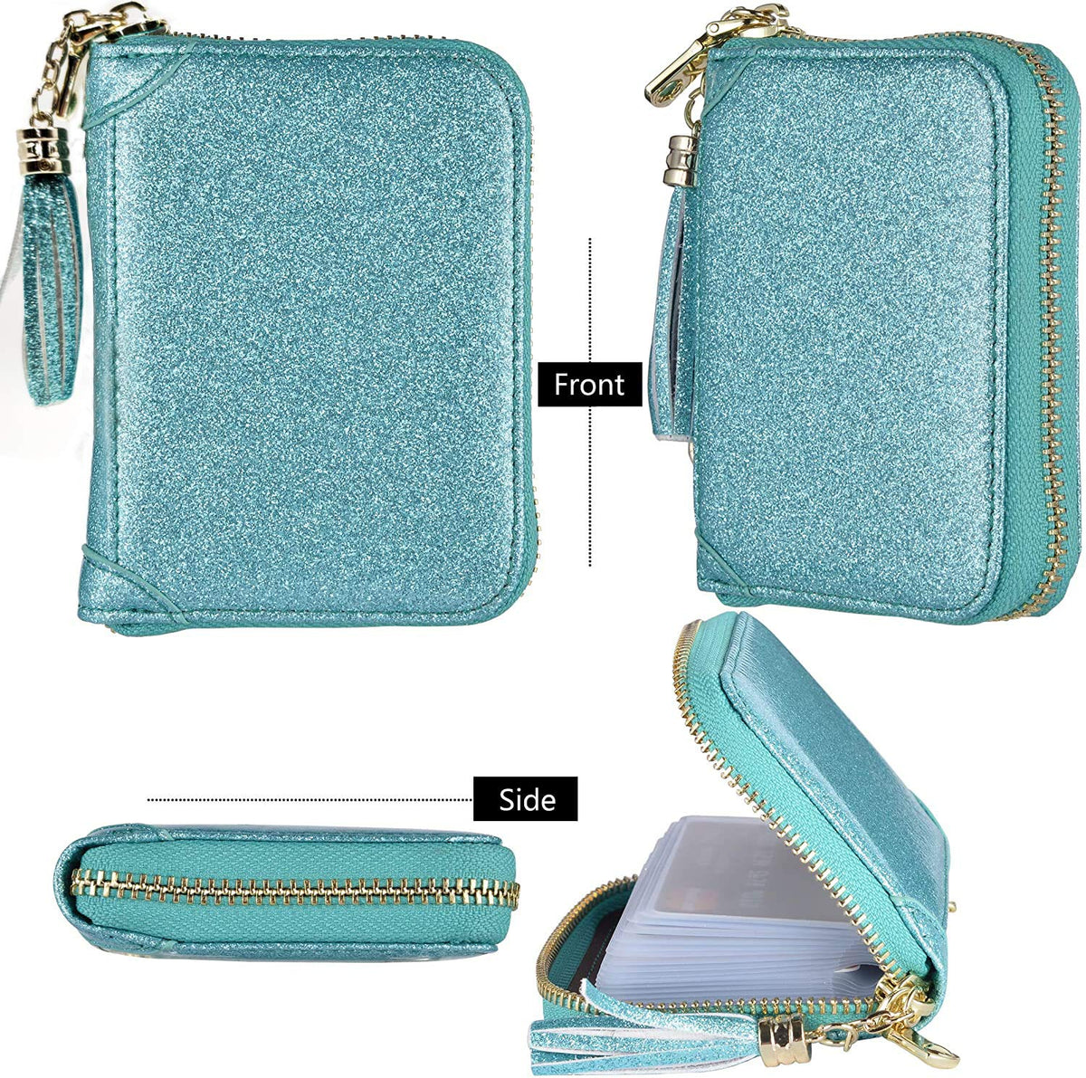 YUHAN PRETTY Womens Credit Card Holder Wallet RFID Leather Small ID Card Case (20 Card Slots - Glitter Teal)