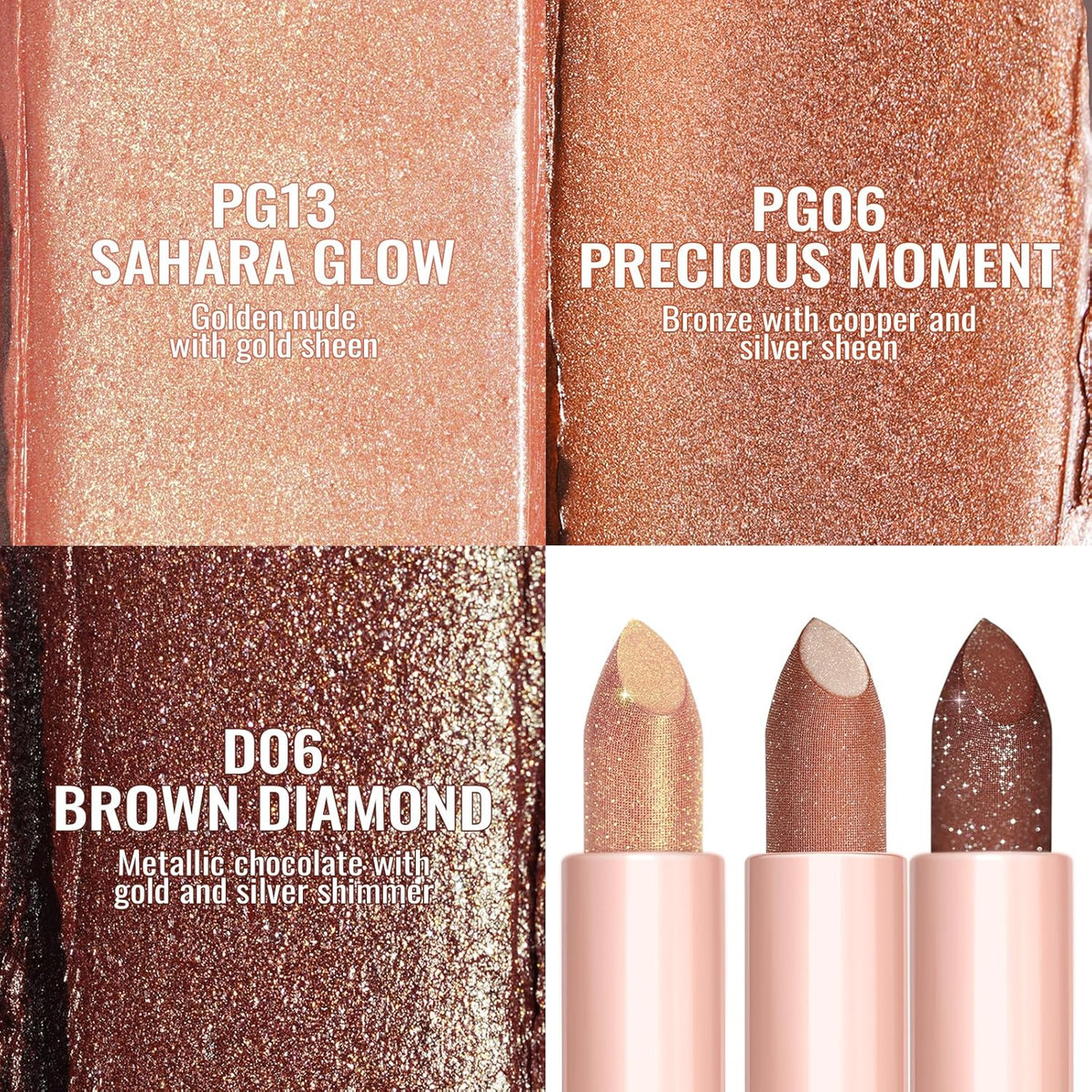 Oulac Moisture Nude Brown Lipstick Set 3PCS - Infinity High Shine Finish, Hydrating Vegan Lipstick Infused with Damask Rose Oil for All-Day Comfort, Gluten-Free, PG13+PG06+D06